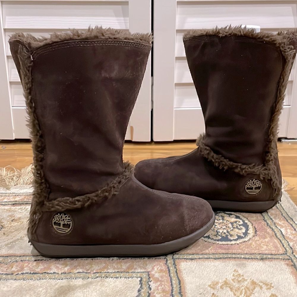 Timberland Mukluk Brown Suede Warm Women’s Sz 5.5M Slip On Faux Fur Winter Boot